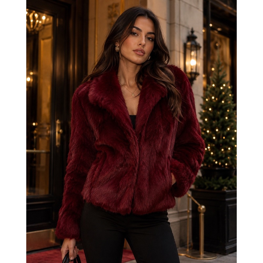 Kikiriki Burgundy‎ Genuine Rabbit Fur Jacket Wine Red Notched Collar Small
